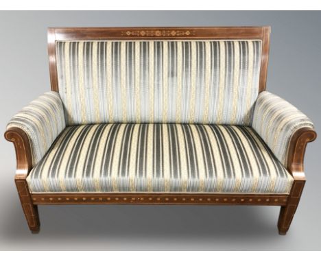 An early 20th century continental mahogany and satinwood inlaid salon settee, 160 cm W x 80 cm D x 104 cm H.