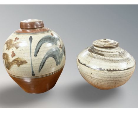 David Frith (1943- ) A glazed stoneware bulbous jar and cover, height 31 cm. Together with a similar David Leach (1911-2005) 