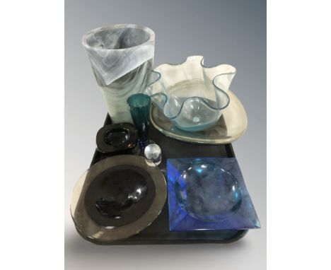 A group of Scandinavian glass items including fruit bowl, shallow dishes, paperweight, etc.