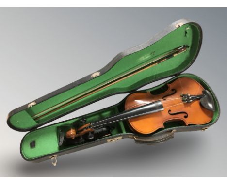 A Chinese violin, labelled within 'Copy from Antonius Stradivarius', with two piece 14" back, in case with bow.