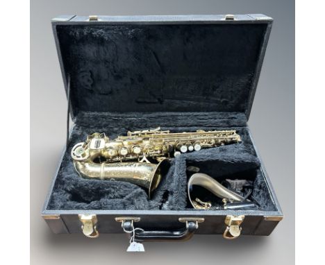 A Yoshina Alto saxophone in case, width 45 cm 