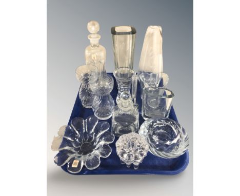 A group of Scandinavian glasswares including Holmegaard decanter and bowl, candle and tealight holders, etc.