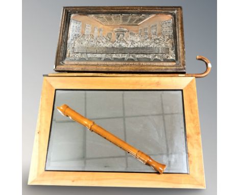 A copper finished relief panel depicting the last supper in oak frame, 73 cm x 43 cm, together with a further mirror, a walki