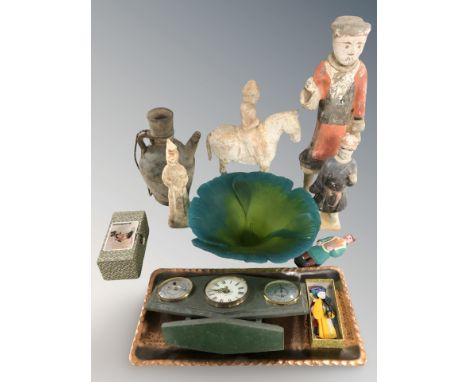 A group of Chinese terracotta figures, similar bottle vase, blue and white vase, timepiece / barometer / thermometer, art gla