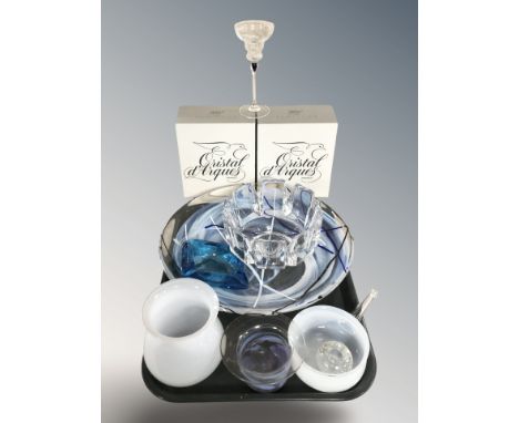 A group of continental glassware including Kosta Boda fruit bowl, French wine glasses, further vessels, etc. 