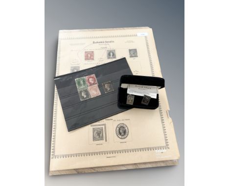 A pair of Royal Mint silver cuff links in the form of penny black stamps, together with several stamps including a Victorian 