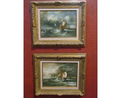 R BELLINGIS: A pair of 19th Century oils on board of sailing vessels, gilt frames, 28 x 39cm