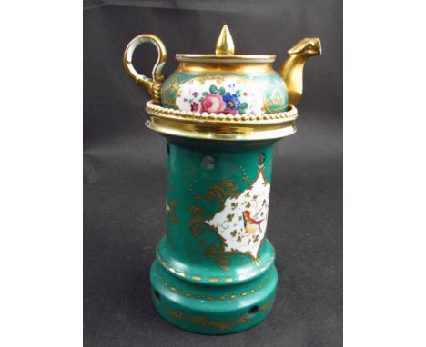 A continental ceramic teapot on warming stand, green ground hand painted with birds, flowers and gilt 