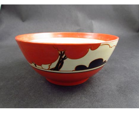 A Clarice Cliff Fantasque pattern bowl with burnt orange and black tree design, 20.5cm diameter