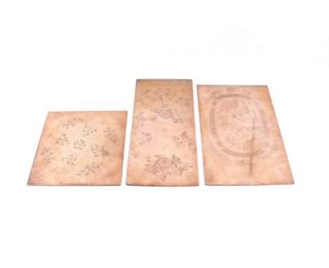 Three 19th century copper printing plates. Potentially used to produce ceramic decorative patterns. Each bearing a specific e