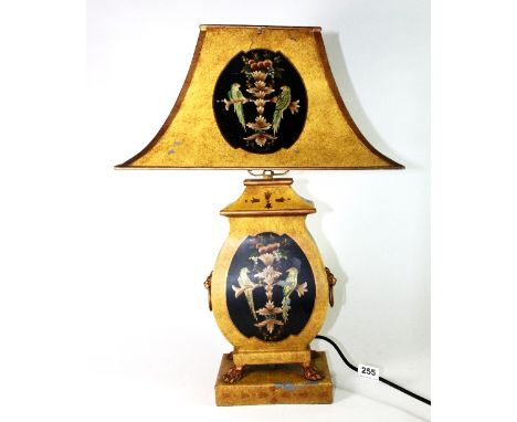 An orientalist style painted tin table lamp and shade H.54cm