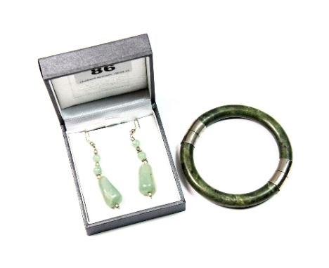 A spinach jade hinged bangle + a pair of jade and silver earrings