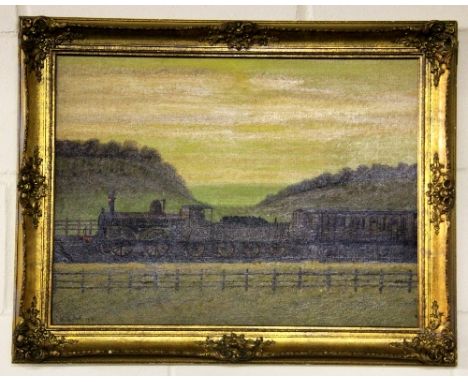 A gilt framed naive style oil on board of a steam engine signed V.Ralph 70 x 55cm