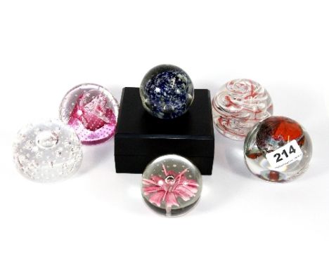 A Caithness and five other good paper weights together with a light stand.