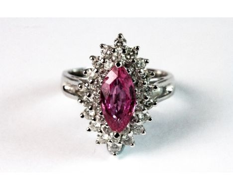 18ct white gold marquise cut pink sapphire and 2 row diamond ring (L)