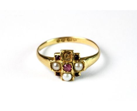 An antique 18ct gold ruby and seed pearl ring (1 pearl missing)(K)