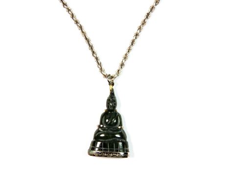 A Burmese carved green jade Buddha figure mounted as a pendant on a sterling silver chain.