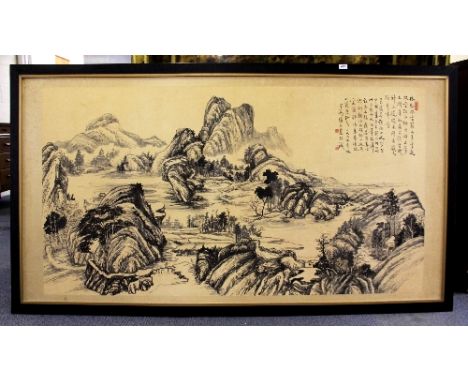 A large Chinese framed print of an ink landscape 205 x 114cm