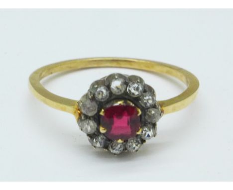 A Victorian cluster ring with silver setting and red and white stones, R