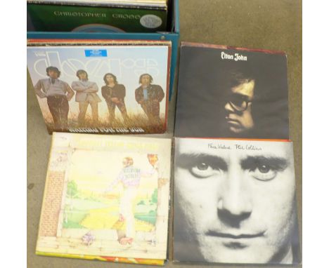 A case of LP records, The Doors, Elton John, Leonard Cohen, The Rolling Stones, etc.