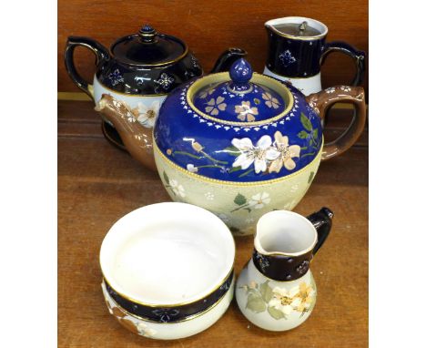 A Lovatts Langley three piece tea service, a large tea pot a/f and a water jug