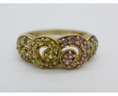 A 9ct gold, gem set ring, 3.6g, R