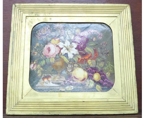 A gilt framed oil painting on tile, some paint loss, width of frame 40cm