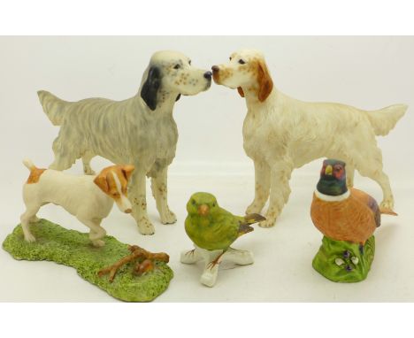 An Aynsley pheasant, a Goebel finch, a Border Fine Arts Jack Russell by Ayres and two North Light model dogs (5)