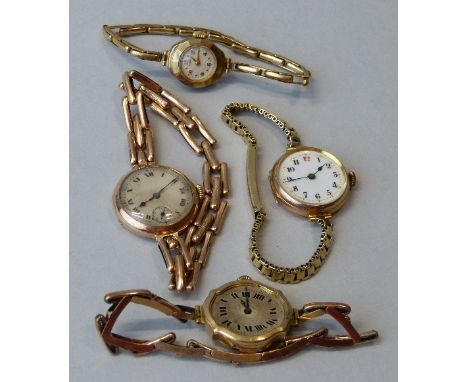 A 9ct rose gold ladies manual wind circular wristwatch; London 1916, the white enamel dial with red 12, to a later 9ct gold b