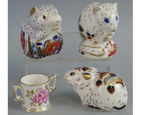 Three Royal Crown Derby paperweights, - bank vole, poppy mouse and Derby dormouse all with gold coloured stoppers and a Royal