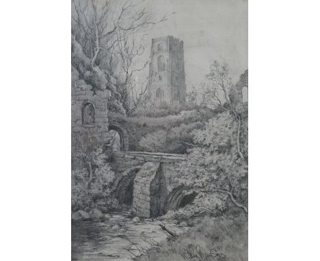 Willie Rawson (early 20th century), view over a partly ruined stone bridge to a church beyond, signed pencil sketch, 25cm x 1