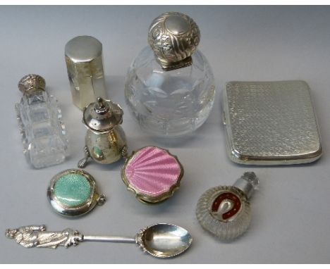 A Victorian and cut glass globular scent bottle, Birmingham 1892, the embossed hinged cover with a vacant cartouche, three ot