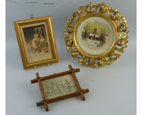 A continental carved gilt wood frame, of circular form with pierced scrolling border, 29cm diameter, a gilt framed Baxter pri