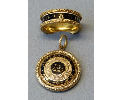 A William IV 18ct gold and enamel mourning ring, circa 1830, the black enamel band with white border inscribed " in memory of