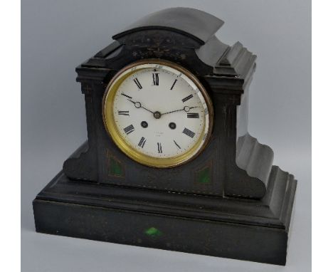 A 19th century French black slate mantle clock, the white enamel dial signed Hry. Marc, Paris, the eight day movement signed 