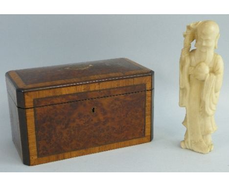 A 19th century burrwood tea caddy, of canted oblong form cross-banded in kingwood with ebony stringing the slightly domed hin