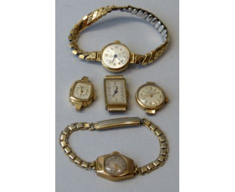 Aristo; a 9ct gold manual wind rectangular ladies wristwatch, Glasgow import 1939, lacking bracelet and four other 9ct gold l