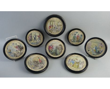 After Jorrocks, a set of eight circular cloth coasters with silk tassel borders each hand coloured with a titled humorous hun
