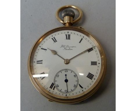 Benson; a 9ct rose gold open face, keyless wound pocket watch, London 1920, the white enamel dial with Roman numerals, subsid