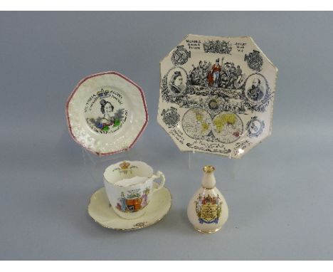 A Victoria Coronation commemorative plate, of octagonal form transfer printed to the centre with a  portrait and biographical