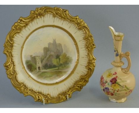 A late Victorian Doulton Burslem cabinet plate, the centre painted with a scene entitled verso 'The Keep Arundel Castle' sign