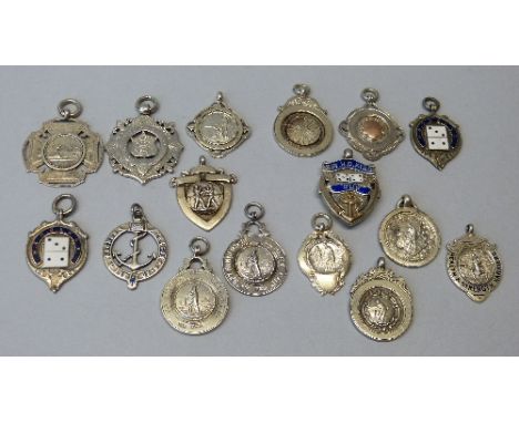 Sixteen various silver and enamel sporting medals related to various Hull sports, including cricket. (16)