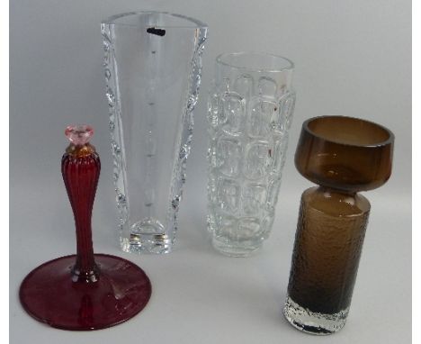 A Sklo Union clear glass lens vase,  by Frantisek Visner, 28cm high, a Riihimaki smoked glass textured Safari vase of cylindr