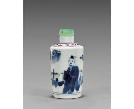 Antique Blue & White Porcelain Snuff BottleAntique Chinese blue and white porcelain snuff bottle; with figural scene of a pri