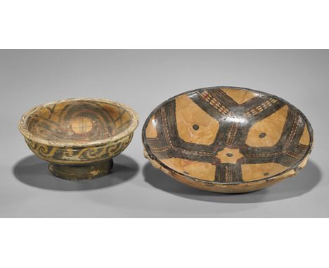 Two Chinese Neolithic Painted Pottery BowlsTwo Chinese Neolithic Period painted pottery bowls; each deep form, one with raise