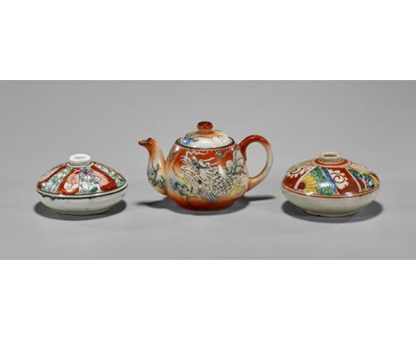 Three Antique Japanese PorcelainsThree small, antique Japanese enameled porcelains: two waterdroppers with decorative shoulde