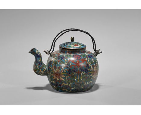 Old Chinese Cloisonné Enamel TeapotOld Chinese cloisonné enamel teapot; of globular form with curved spout and fitted cover, 