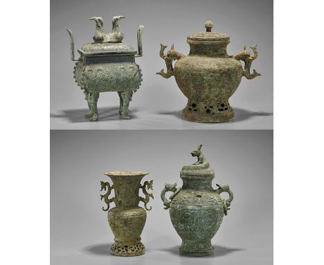 Four Archaistic Chinese BronzesFour archaistic Chinese bronzes: a fang ding with tall U-handles and moulded double-bird finia