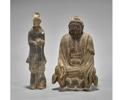 Two Antique Chinese Moulded Pottery FiguresTwo antique Chinese glazed and moulded pottery figures: a Wei Dynasty standing tem