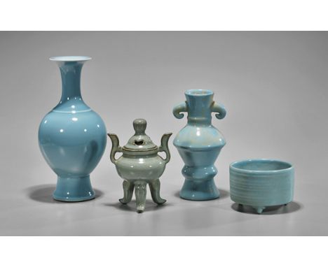 Four Chinese PorcelainsGroup of four Chinese porcelains, including: three blue monochrome vases and tripod censer; together w